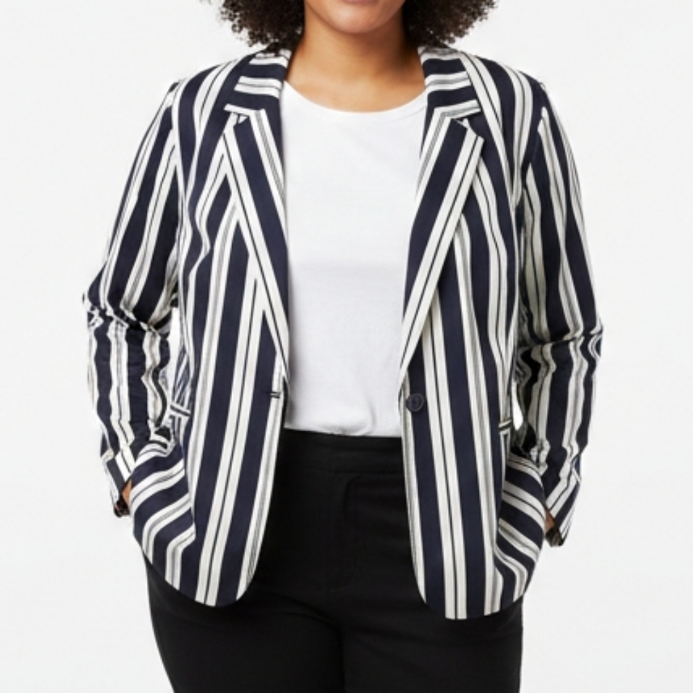 Cato Striped Blazer Jacket Casual Nautical Vertical Navy Ivory Plus Size 26W 28W
